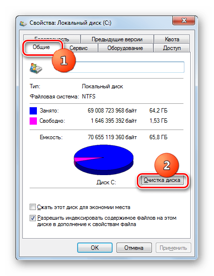 Переход к очистке диска C во вкладке Общие в окне свойств диска в Windows 7