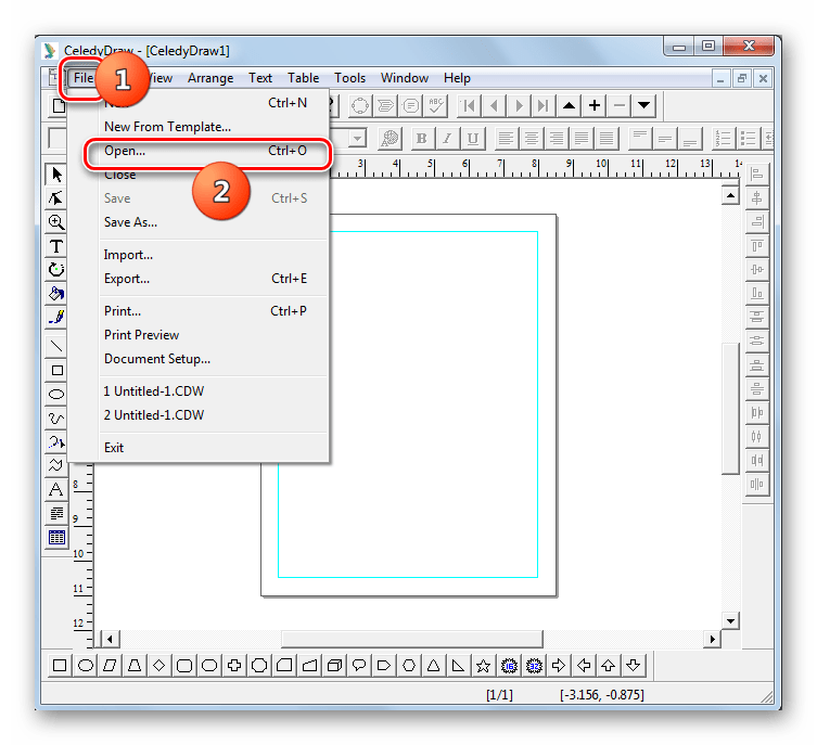 Переход в окно открытия файла через верхнее горизонтальное меню в программе CeledyDraw