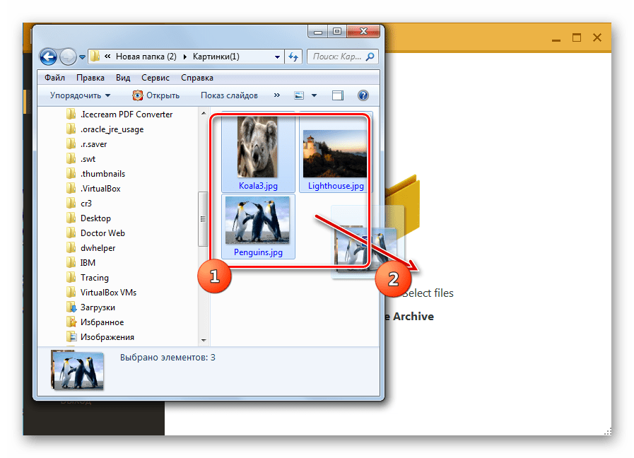 Перетаскивание файлов из Проводника Windows в окно программы Hamster ZIP Archiver