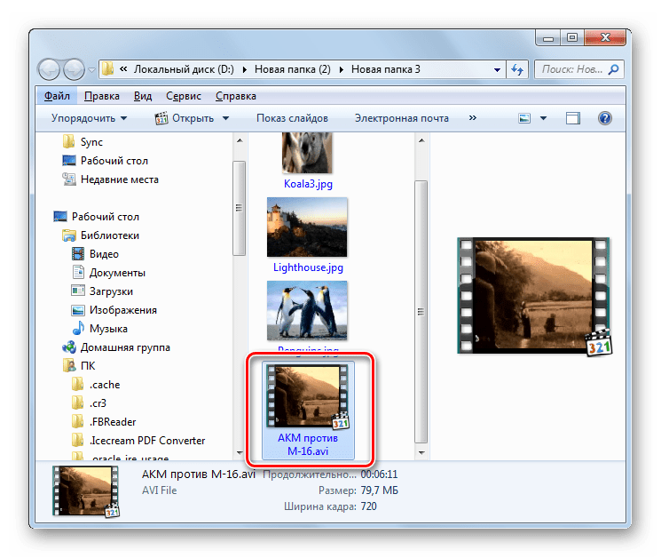 Преобразованный файл в формате AVI в Проводнике Windows