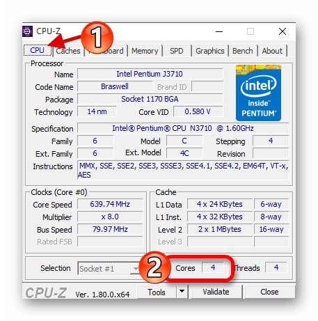 Просмотр количество ядер процессора в программе CPU-Z