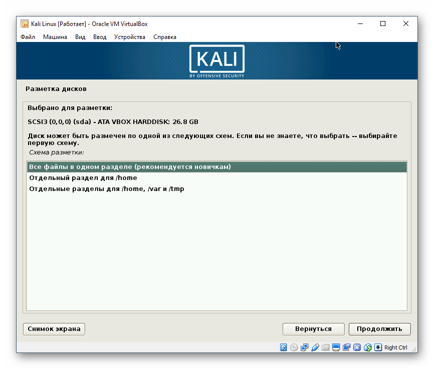 Схема диска для разметки для Kali Linux в VirtualBox