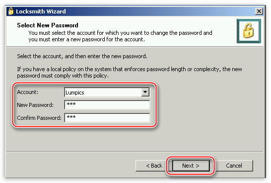 Ввод и подтверждение нового пароля учетной записи в программе ERD Commander в операционной системе Windows XP