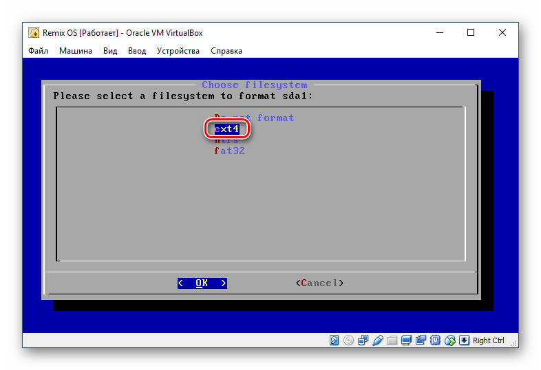 Выбор файловой системы раздела для установки Remix OS в VirtualBox