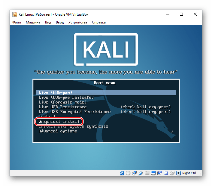 Выбор типа установки Kali Linux в VirtualBox