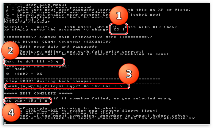 Завершение работы скрипта редактирования учетных записей в утилите Offline NT Password & Registry Editor для сброса пароля в Windows XP