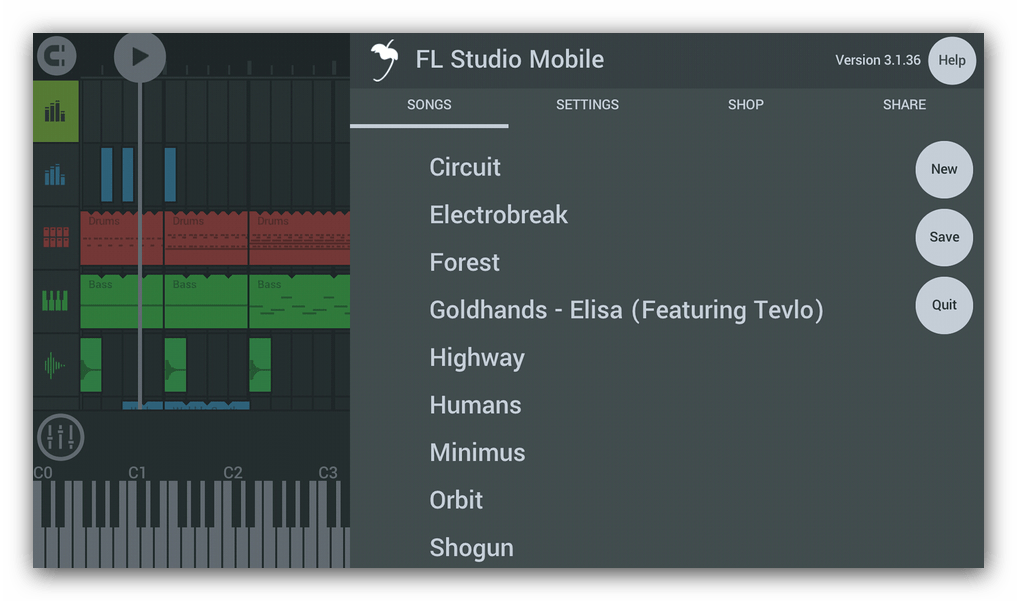Главное меню FL Studio Mobile