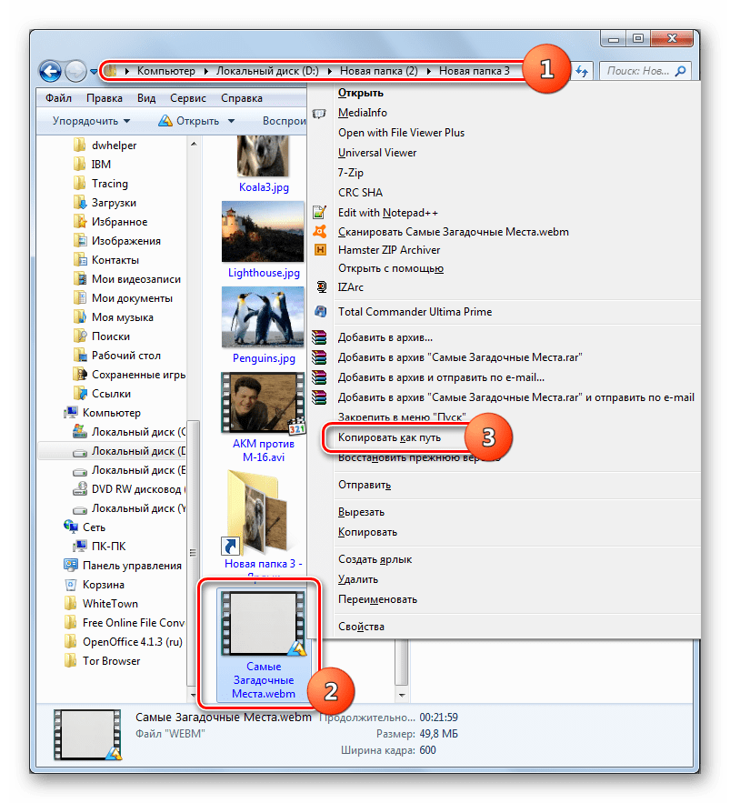 Копирование пути к файлу WEBM через контекстное меню Проводника Windows