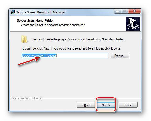 Наименование иконки программы в меню Пуск в установщике программы Screen Resolution Manager в Windows 7