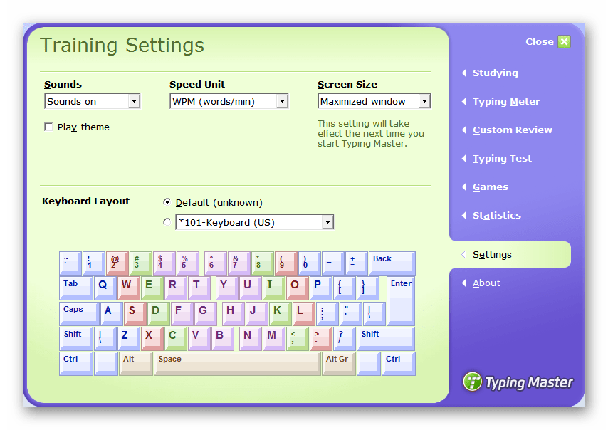 Настройки TypingMaster