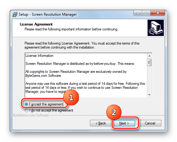 Окно подтверждение лицензионного соглашения в установщике программы Screen Resolution Manager в Windows 7