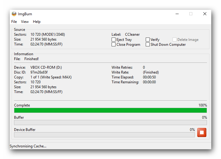 Окно прогресса записи файлов и папок на диск в ImgBurn