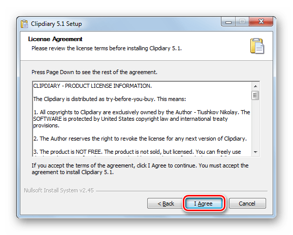Okno s litsenzionnyim soglasheniem ustanovshhika programmyi Clipdiary v Windows 7