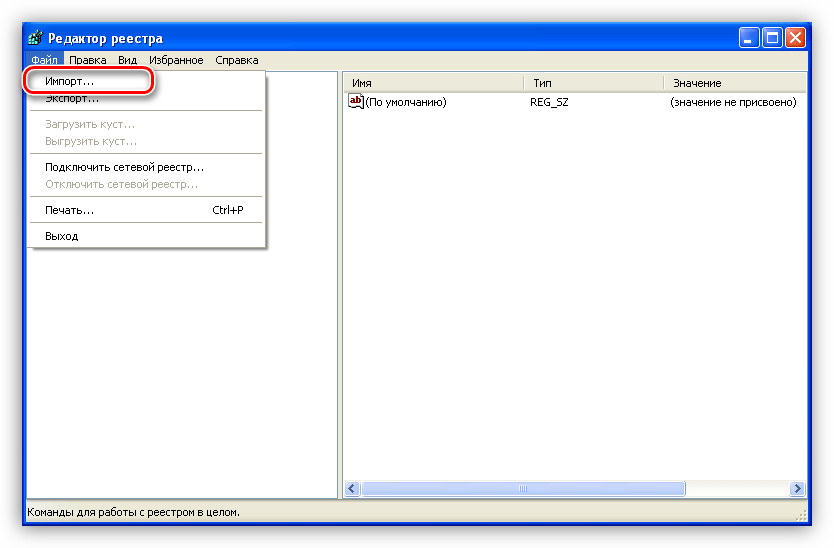 Переход к импорту данных в реестр Windows XP