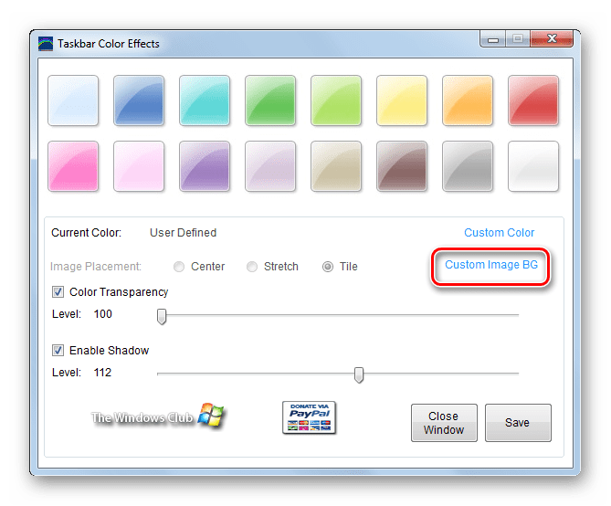Переход к выбору картинки в качестве фона панели задач в программе Taskbar Color Effects в Windows 7