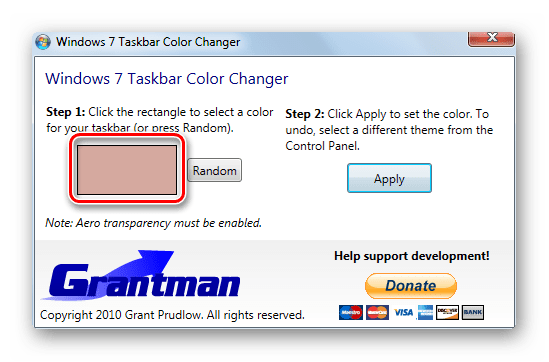 Переход к выбору цвета панели задач при помощи программы Taskbar Color Changer в Windows 7