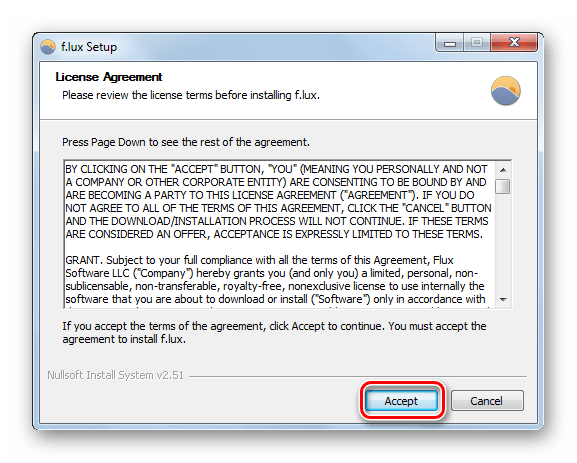 Подтверждение лицензионного соглашения в установочном окне программы F.lux в Windows 7