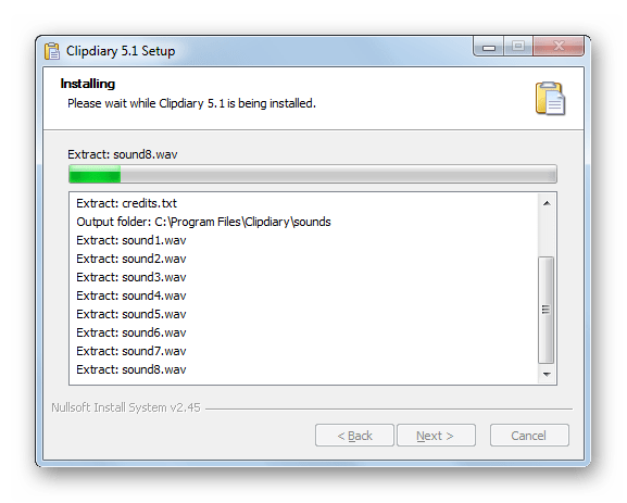 Protsedura installyatsii prilozheniya v ustanovshhike programmyi Clipdiary v Windows 7