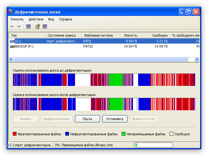 Процесс дефрагментации жесткого диска в Windows XP