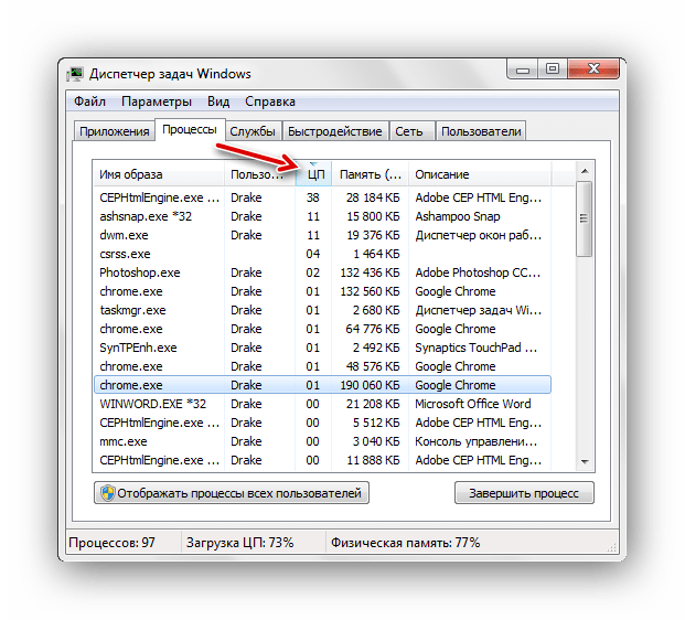Сортировка по убыванию процессов Диспетчер задач Windows 7