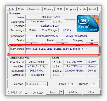 Список инструкций поддерживаемых процессором в CPU-Z