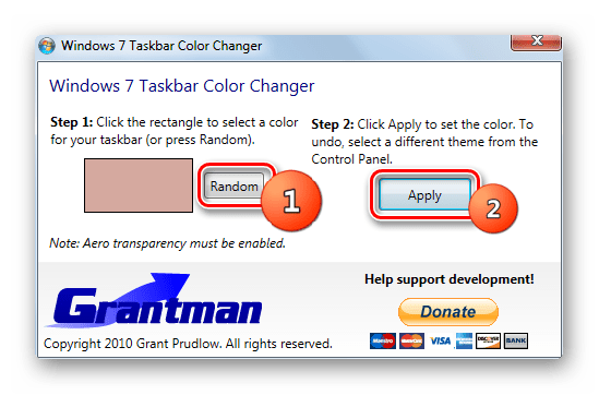 Установка случайного цвета панели задач при помощи программы Taskbar Color Changer в Windows 7