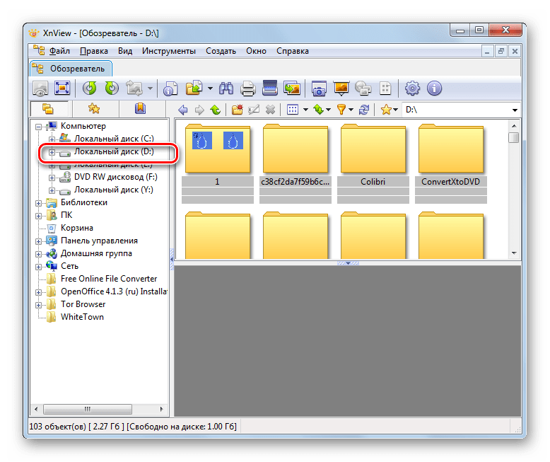 Выбор диска в файловом менеджере программы XnView