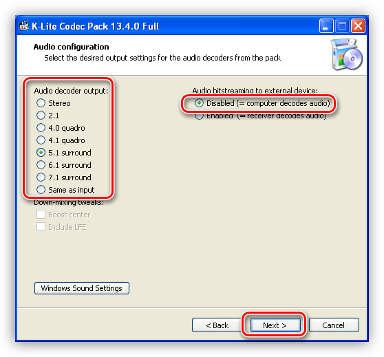 Выбор канальности системы и устройства для декодирования аудио при установке последней версии K-Lite Codec Pack для Windows XP