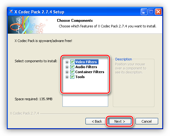 Выбор компонентов XP Codec Pack для установки в Windows XP