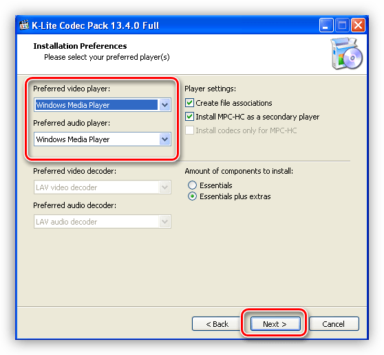Выбор медиаплеера по умолчанию при установке последней версии K-Lite Codec Pack для Windows XP