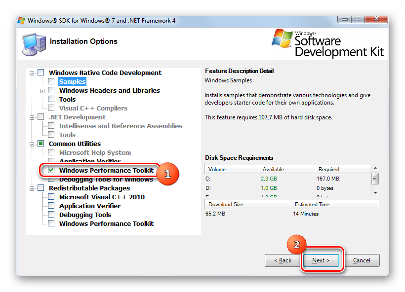 Выбор утилиты Windows Performance Toolkit для установки в окне установщика Windows SDK в Windows 7