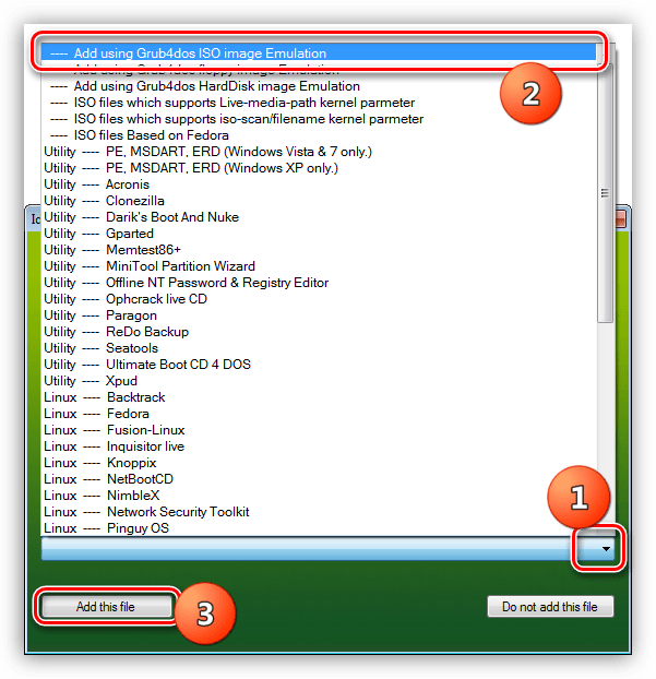 Выбор загрузчика Grub4dos ISO image Emulation для образа Windows XP в программе Xboot