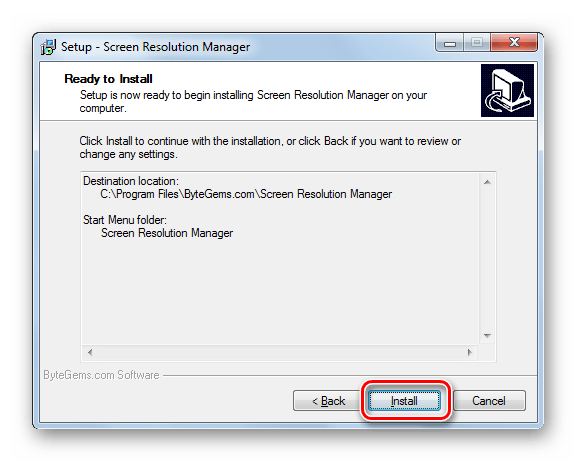 Запуск инсталляции приложения в установщике программы Screen Resolution Manager в Windows 7
