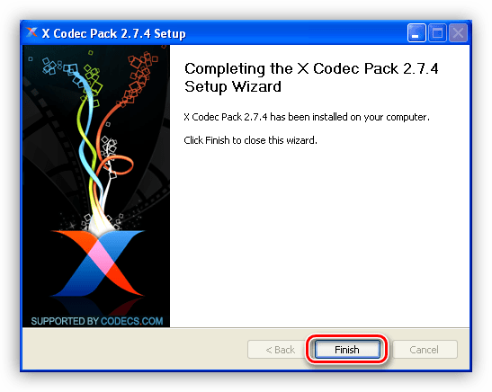 Завершение работы инсталлятора XP Codec Pack в Windows XP