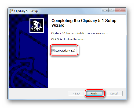 Завершение работы в окне Мастера установки программы Clipdiary в Windows 7