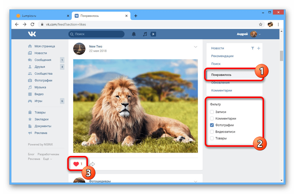 Удаление лайка с фотографии в разделе Понравилось ВКонтакте