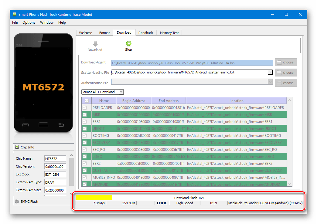 Alcatel One Touch Pixi 3 (4.5) 4027D Flash Tool прошивка-восстановление прогресс
