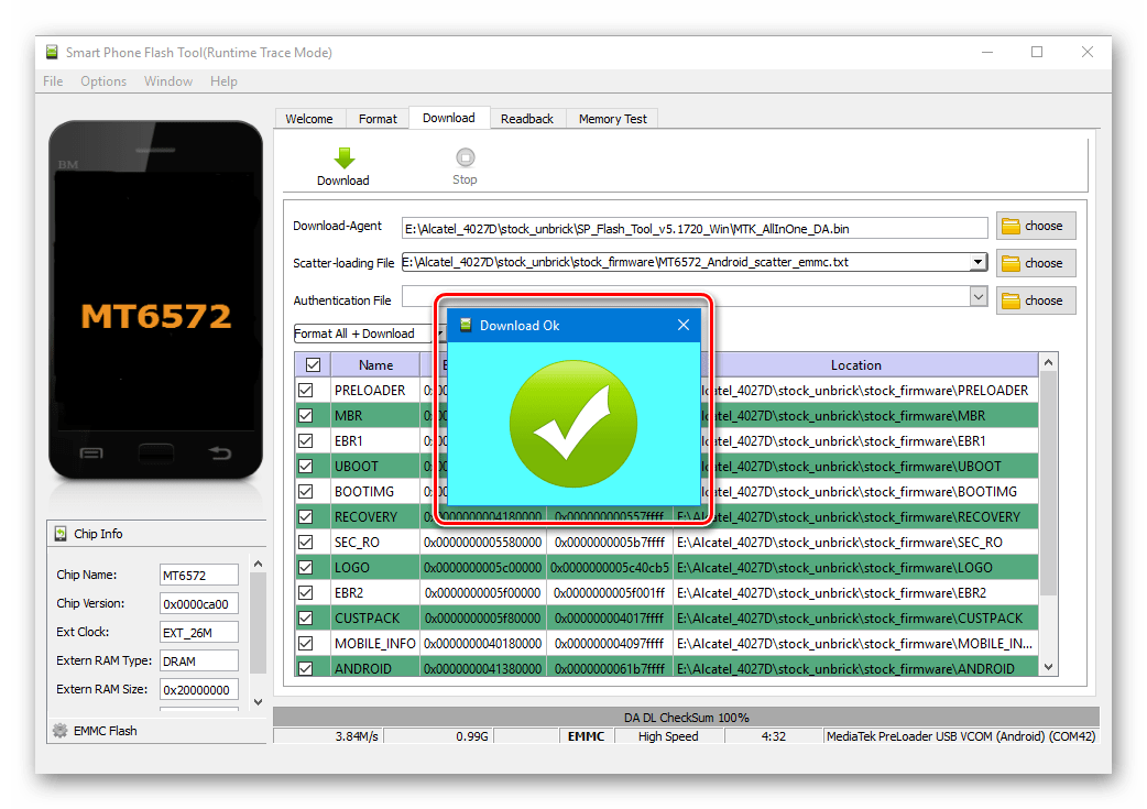 Alcatel One Touch Pixi 3 (4.5) 4027D Flash Tool прошивка завершена