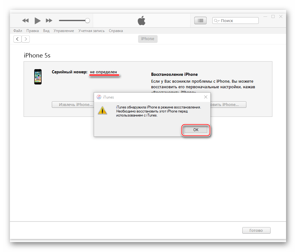 Apple iPhone 5S уведомление iTunes смартфон подключен в режиме DFU.