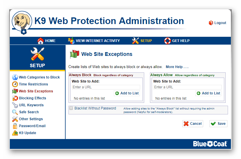 Белый и черный список сайтов K9 Web Protection