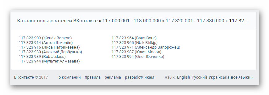 Финальная страница каталога пользователей на сайте ВКонтакте