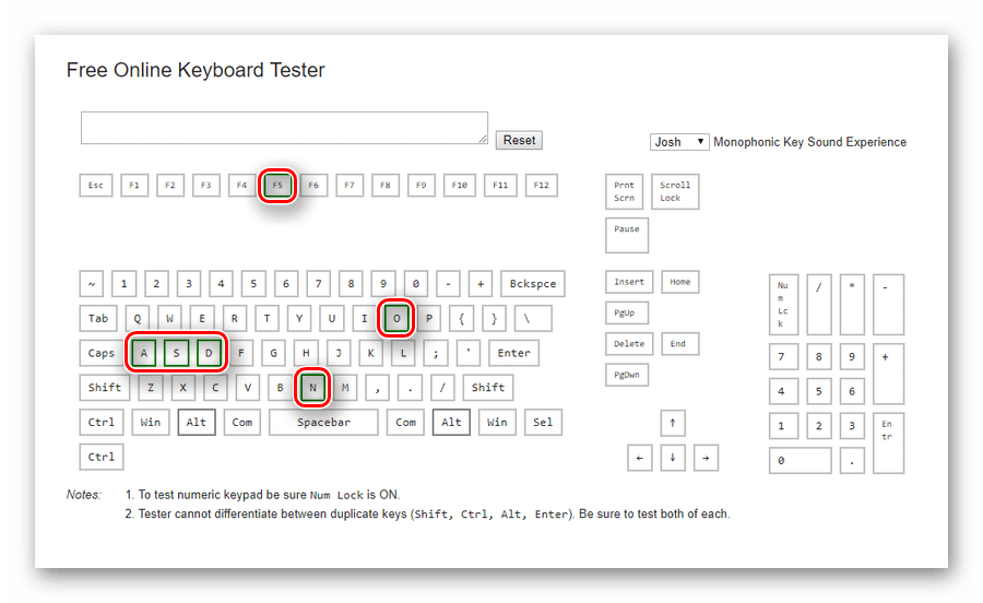 Отмеченные нажатые клавиши на виртуальной клавиатуре сервиса Online KeyBoard Tester