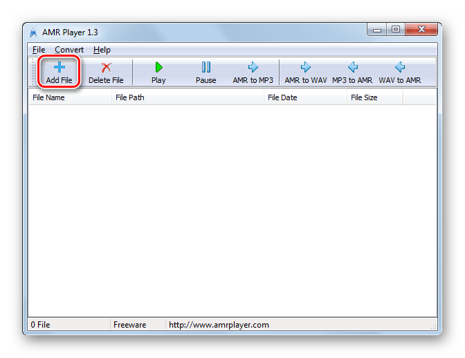 Переход в окно открытия файлов через кнопку на панели инструментов в программе AMR Player