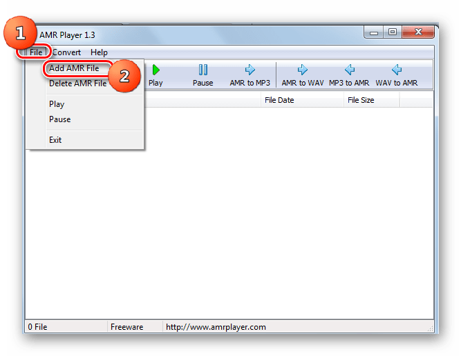 Переход в окно открытия файлов через верхнее горизонтальное меню в программе AMR Player
