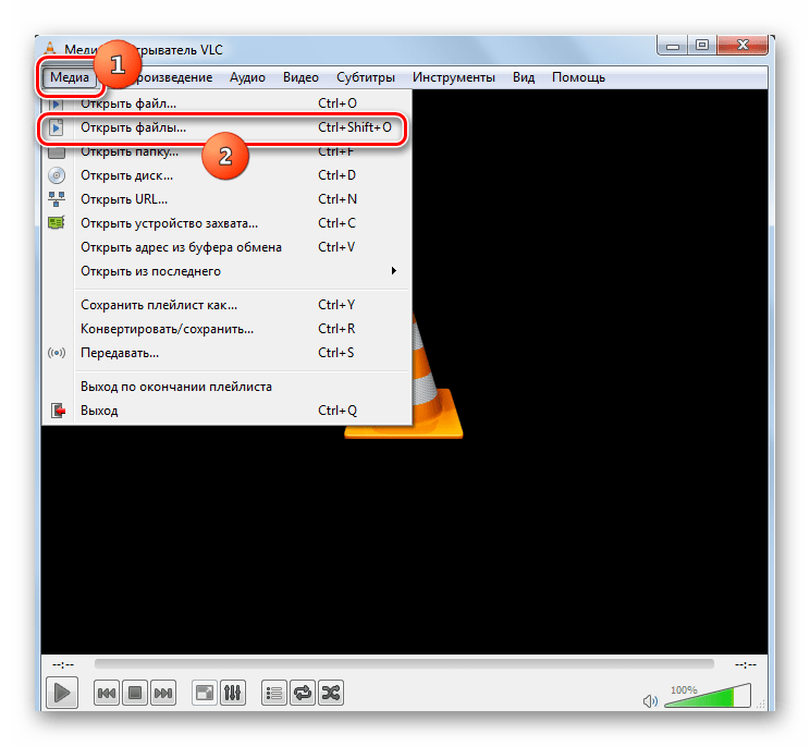 Переход в окно открытия файлов в программе VLC Media Player
