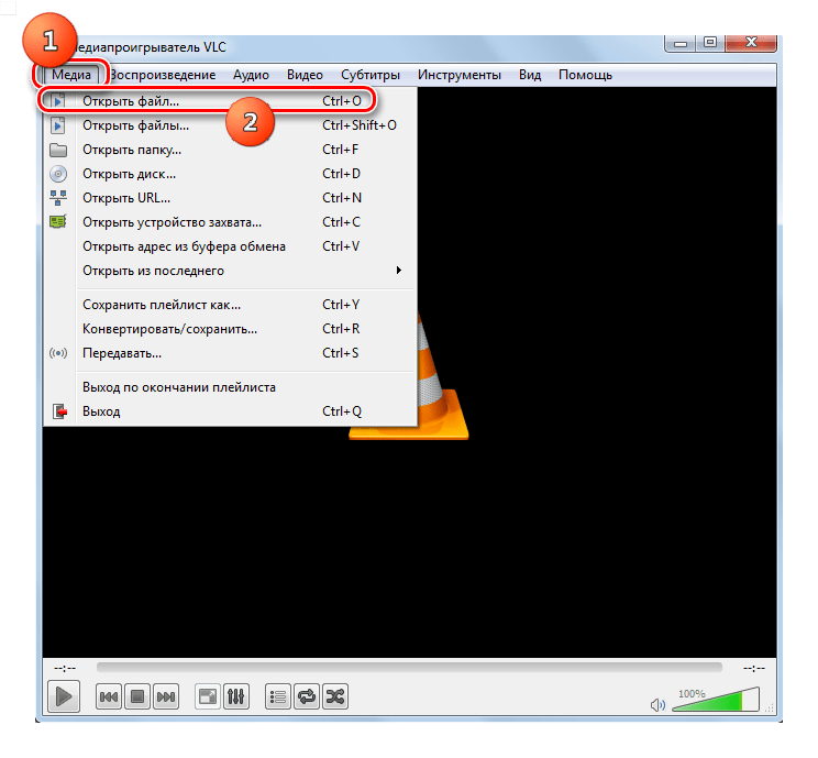Переход в окно выбора файла в программе VLC Media Player