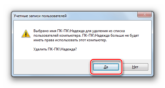 Подтверждение удаления учетной записи пользователя в диалоговом окне в Windows 7