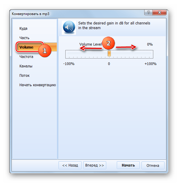 Раздел Volume окна настроек конвертирования в программе Total Audio Converter