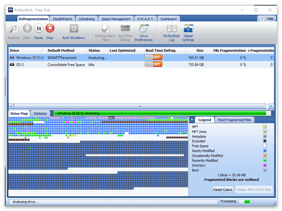 Стартовое анализирование программой жесткого диска после первого запуска PerfectDisk
