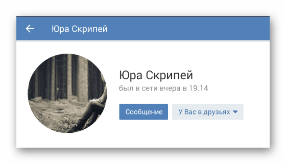 Страница скрываемого пользователя в мобильном приложении ВКонтакте